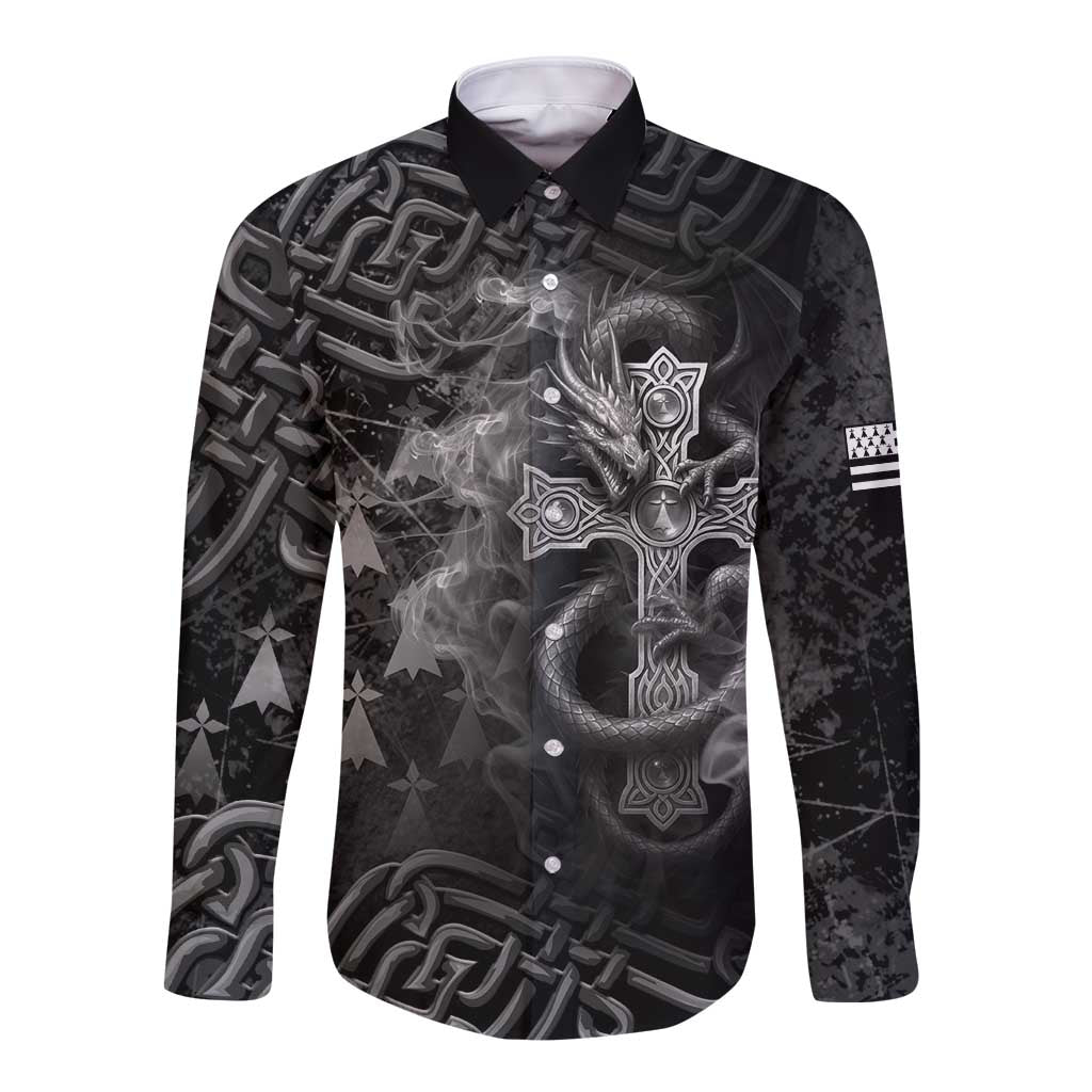 Brittany Celtic Cross Long Sleeve Button Shirt Fantasy Celtic Dragon - Wonder Print Shop