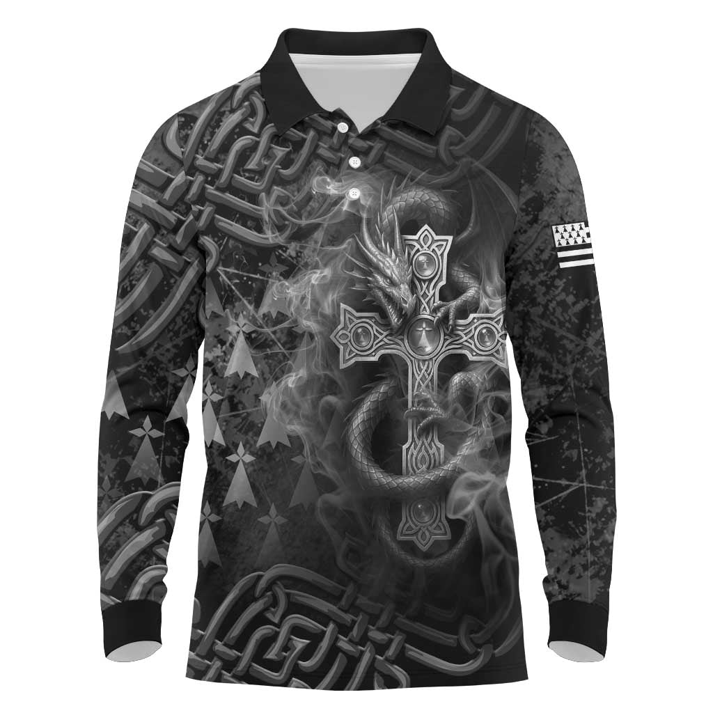 Brittany Celtic Cross Long Sleeve Polo Shirt Fantasy Celtic Dragon - Wonder Print Shop