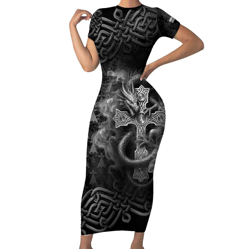 Brittany Celtic Cross Short Sleeve Bodycon Dress Fantasy Celtic Dragon - Wonder Print Shop