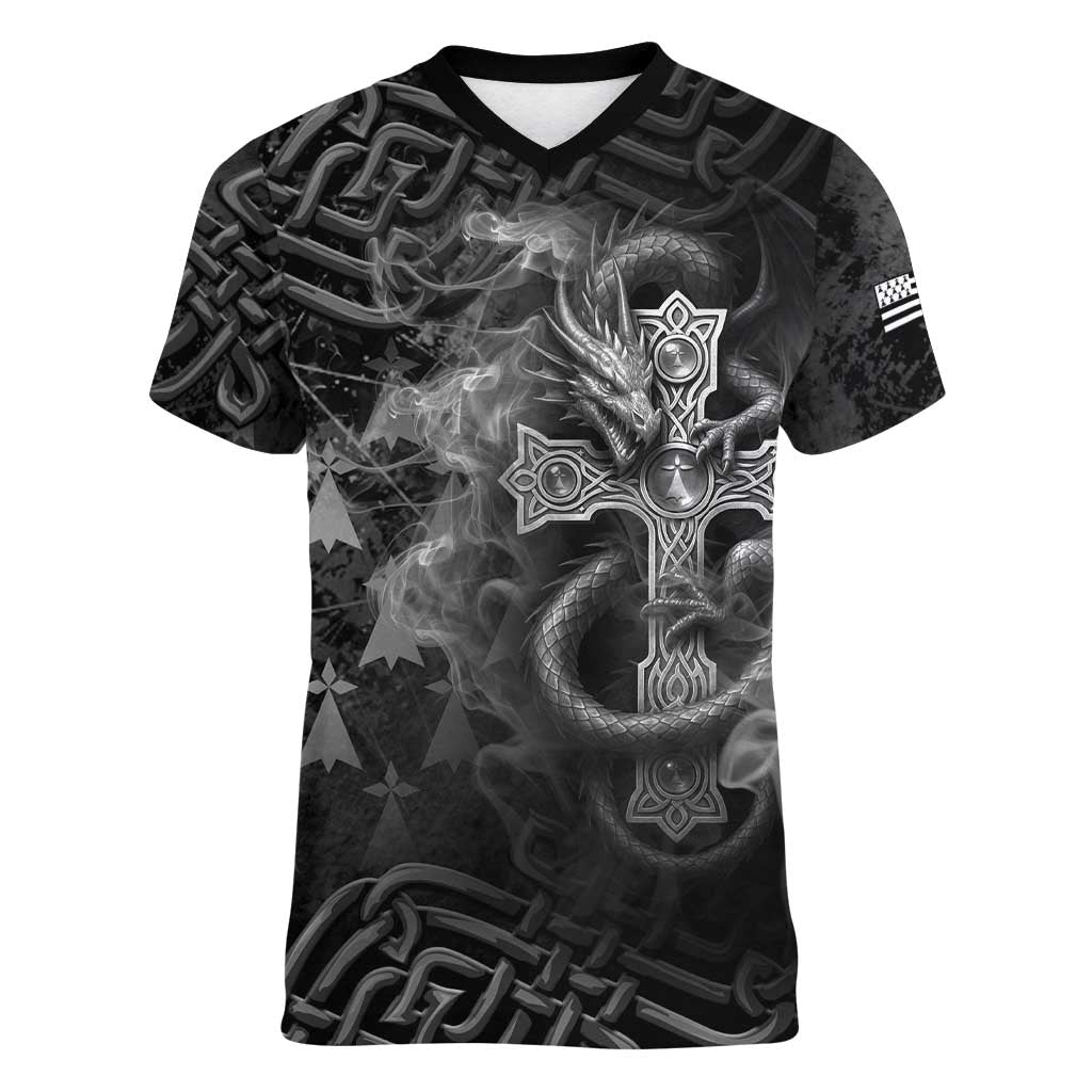 Brittany Celtic Cross Women V-Neck T-Shirt Fantasy Celtic Dragon - Wonder Print Shop