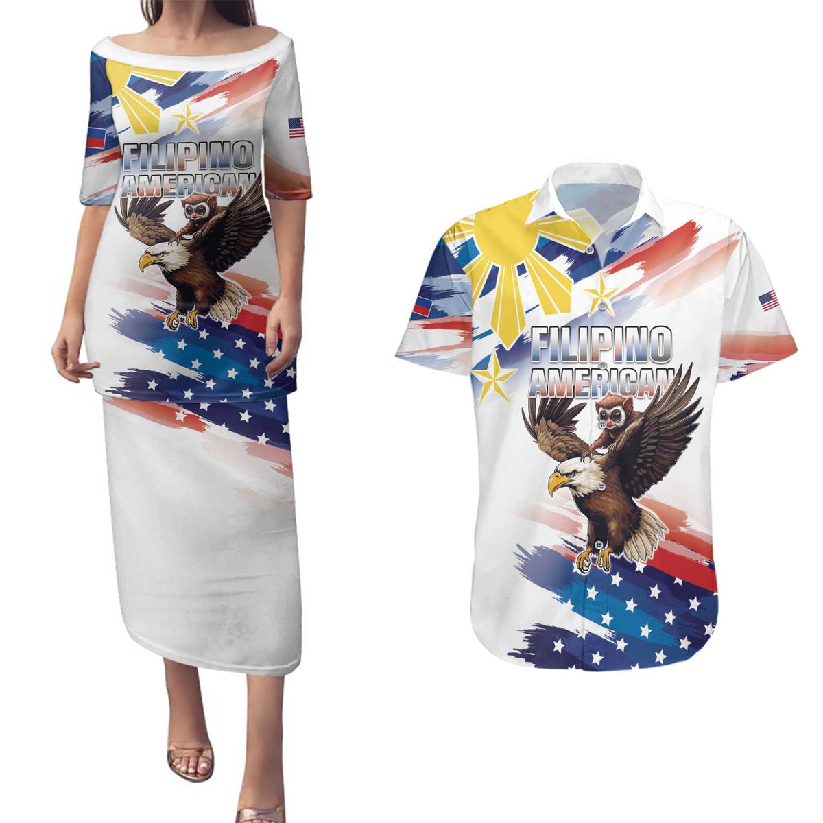 Filipino American History Month Couples Matching Puletasi and Hawaiian Shirt Bald Eagle Tarsier Together LT05 - Wonder Print Shop