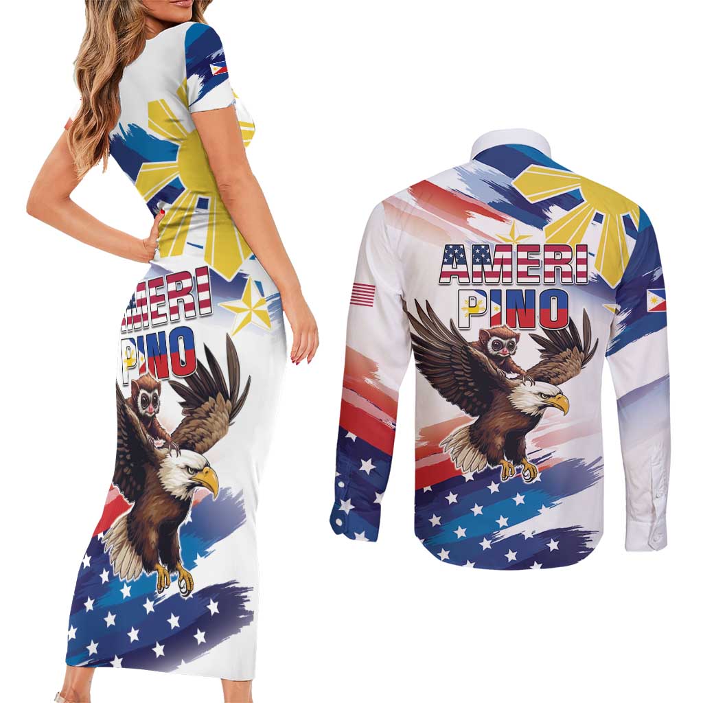 Filipino American History Month Couples Matching Short Sleeve Bodycon Dress and Long Sleeve Button Shirt Bald Eagle Tarsier Together LT05 - Wonder Print Shop