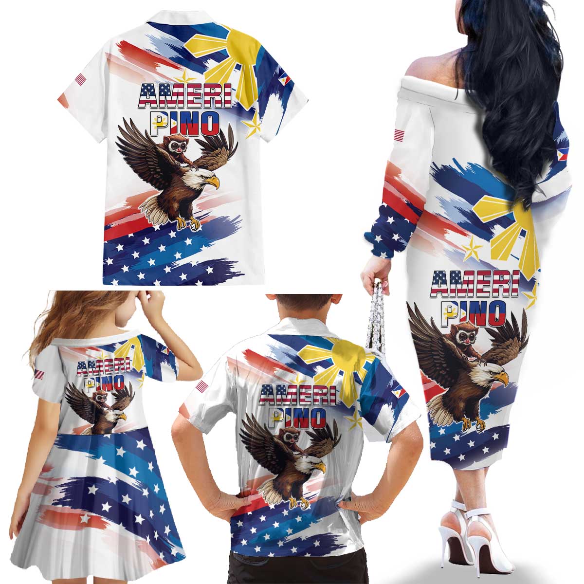 Filipino American History Month Family Matching Off The Shoulder Long Sleeve Dress and Hawaiian Shirt Bald Eagle Tarsier Together LT05 - Wonder Print Shop