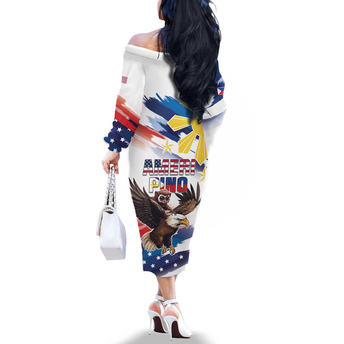 Filipino American History Month Family Matching Off The Shoulder Long Sleeve Dress and Hawaiian Shirt Bald Eagle Tarsier Together LT05 - Wonder Print Shop