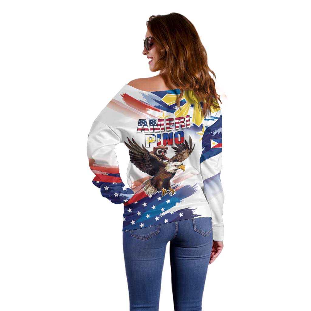 Filipino American History Month Off Shoulder Sweater Bald Eagle Tarsier Together LT05 - Wonder Print Shop