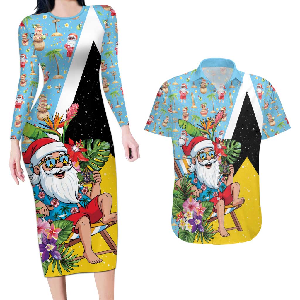 Saint Lucia Christmas Couples Matching Long Sleeve Bodycon Dress and Hawaiian Shirt Tropical Santa Claus - Wonder Print Shop