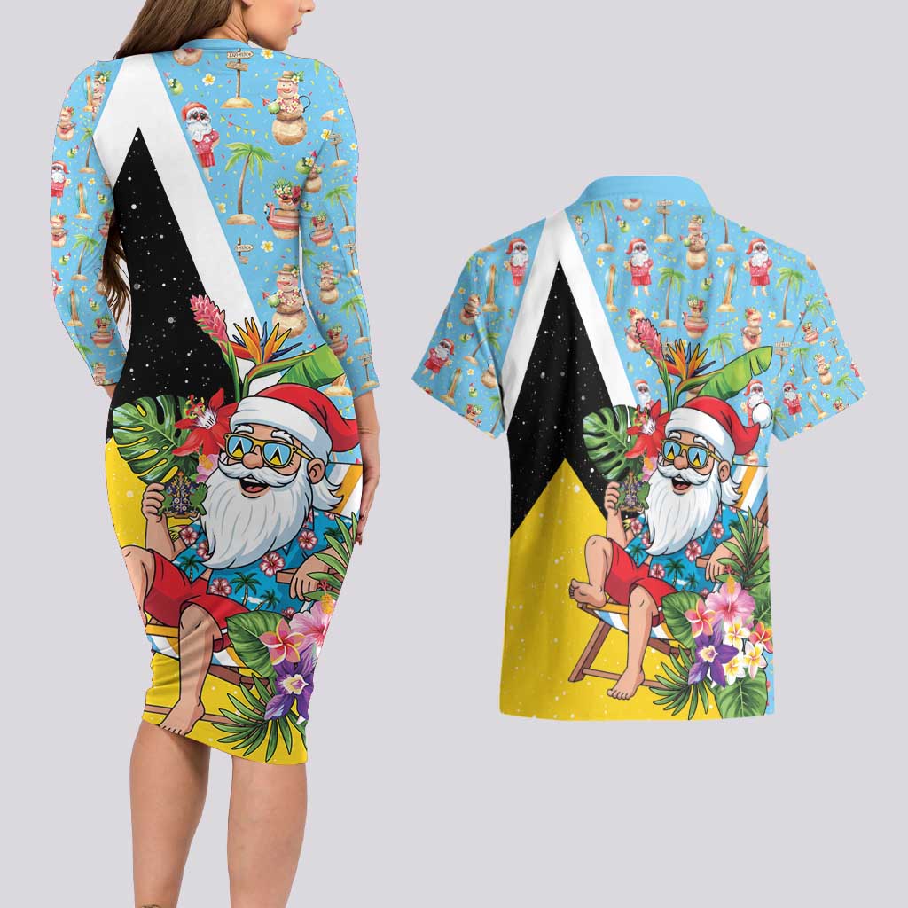 Saint Lucia Christmas Couples Matching Long Sleeve Bodycon Dress and Hawaiian Shirt Tropical Santa Claus - Wonder Print Shop
