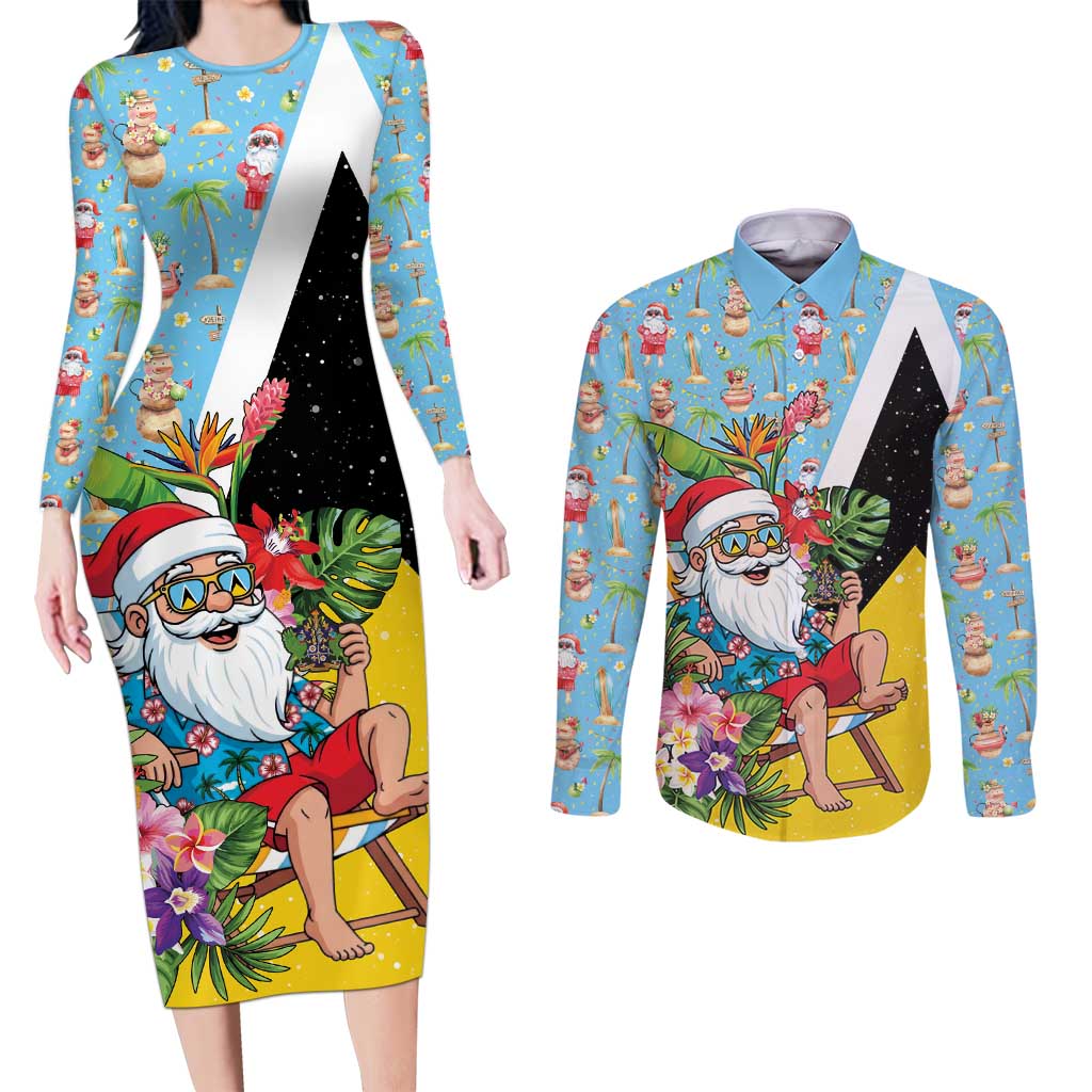 Saint Lucia Christmas Couples Matching Long Sleeve Bodycon Dress and Long Sleeve Button Shirt Tropical Santa Claus - Wonder Print Shop