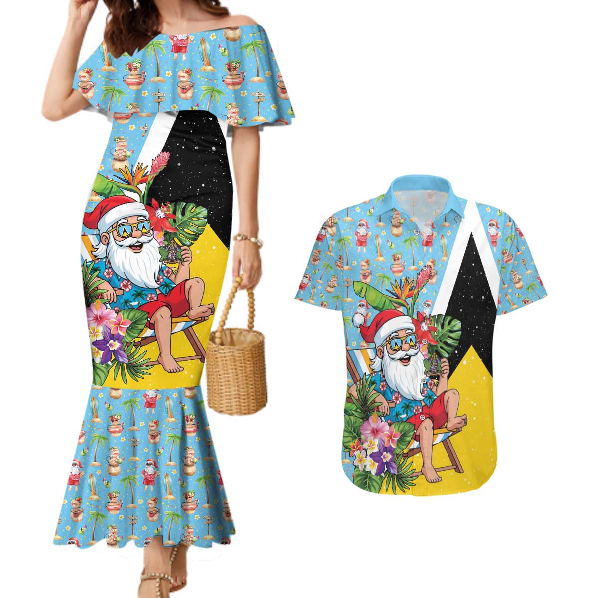 Saint Lucia Christmas Couples Matching Mermaid Dress and Hawaiian Shirt Tropical Santa Claus - Wonder Print Shop