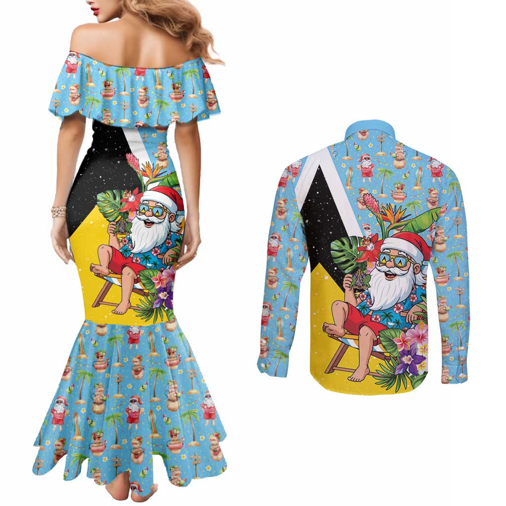 Saint Lucia Christmas Couples Matching Mermaid Dress and Long Sleeve Button Shirt Tropical Santa Claus - Wonder Print Shop