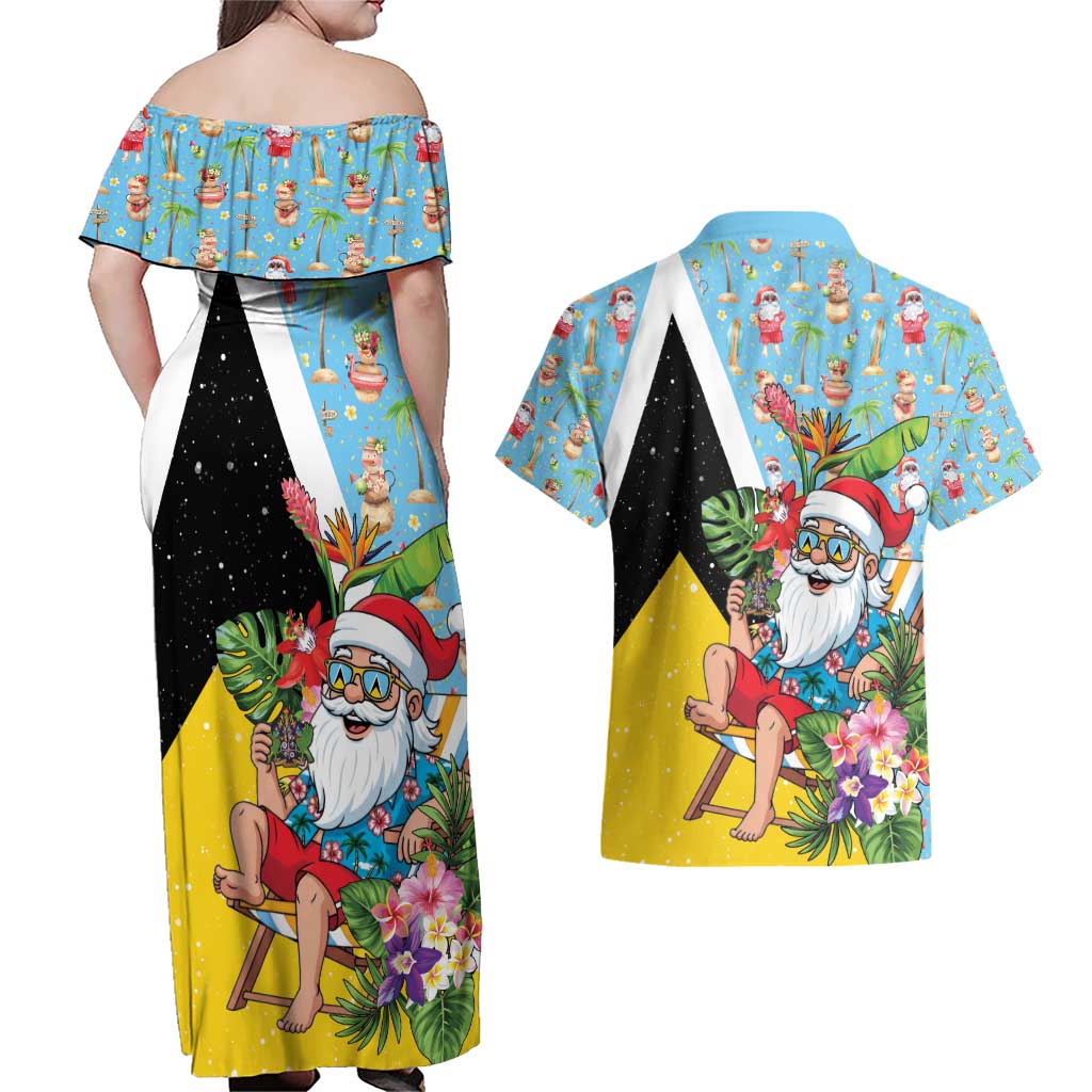 Saint Lucia Christmas Couples Matching Off Shoulder Maxi Dress and Hawaiian Shirt Tropical Santa Claus - Wonder Print Shop