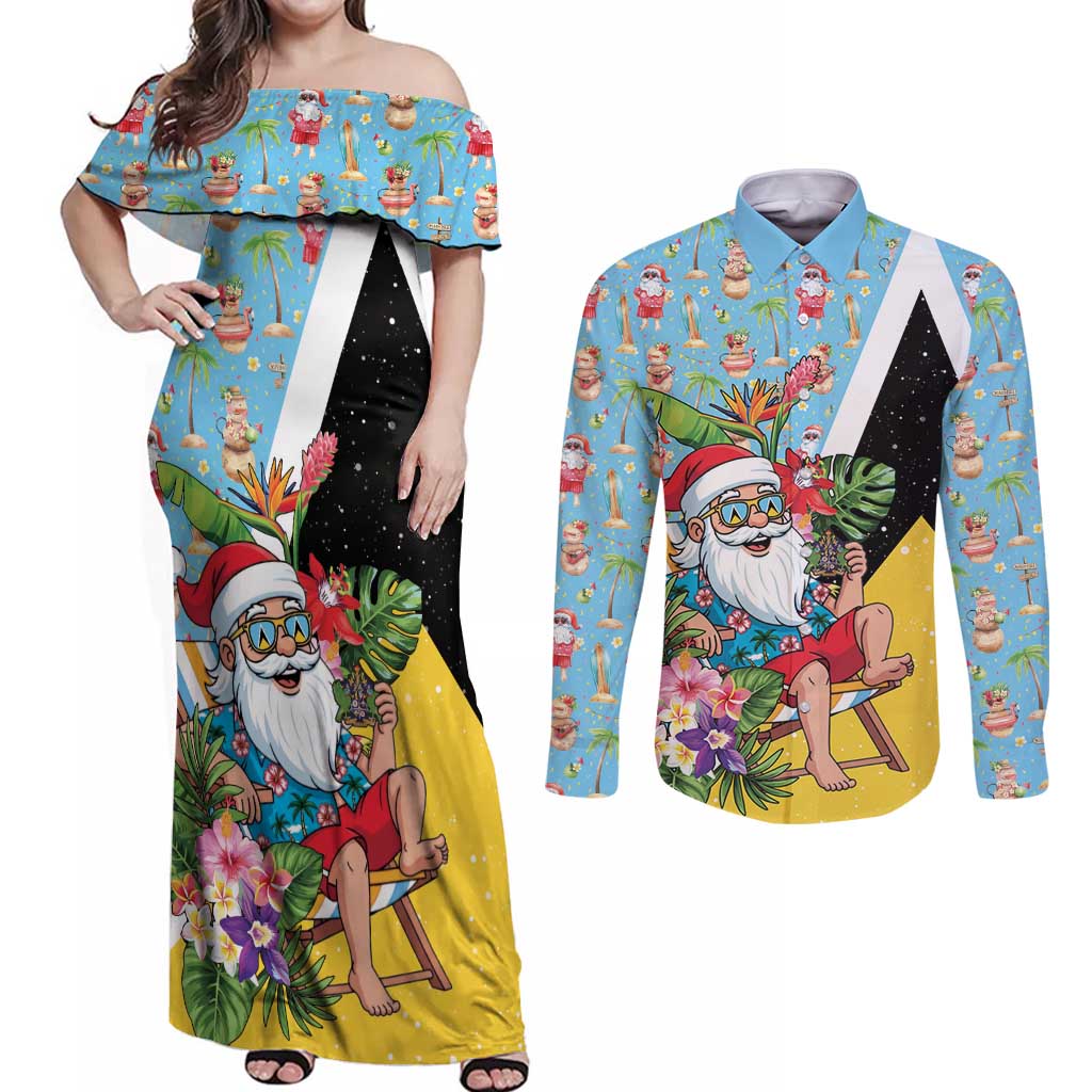 Saint Lucia Christmas Couples Matching Off Shoulder Maxi Dress and Long Sleeve Button Shirt Tropical Santa Claus - Wonder Print Shop