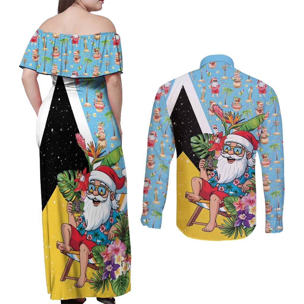 Saint Lucia Christmas Couples Matching Off Shoulder Maxi Dress and Long Sleeve Button Shirt Tropical Santa Claus - Wonder Print Shop