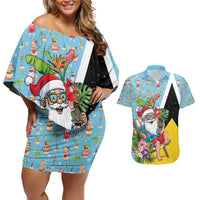 Saint Lucia Christmas Couples Matching Off Shoulder Short Dress and Hawaiian Shirt Tropical Santa Claus - Wonder Print Shop