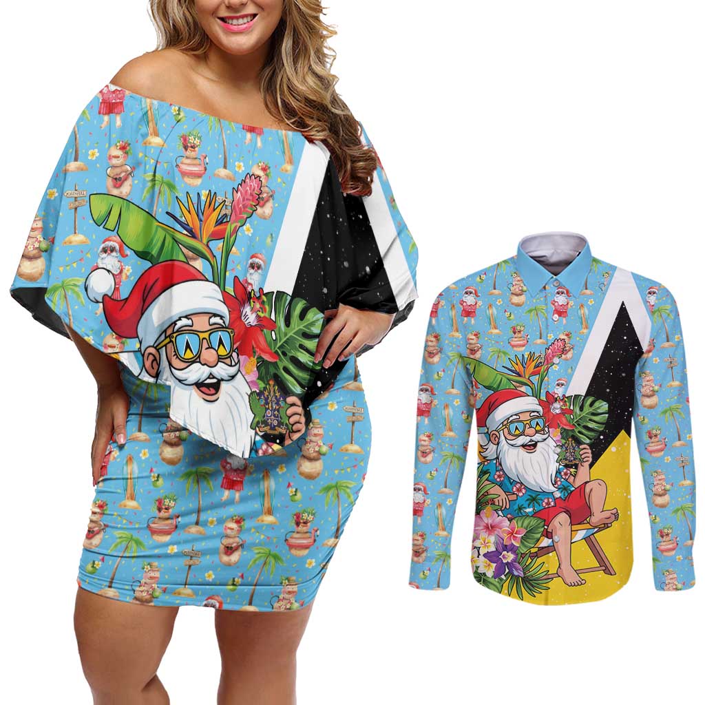 Saint Lucia Christmas Couples Matching Off Shoulder Short Dress and Long Sleeve Button Shirt Tropical Santa Claus - Wonder Print Shop