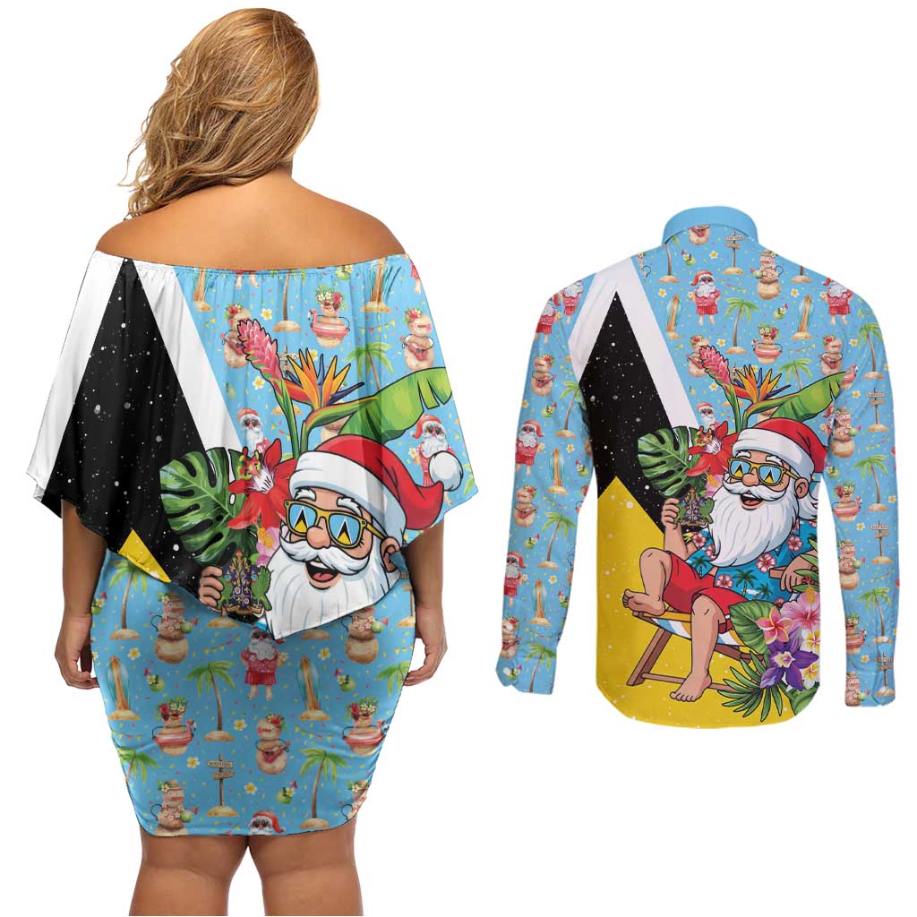 Saint Lucia Christmas Couples Matching Off Shoulder Short Dress and Long Sleeve Button Shirt Tropical Santa Claus - Wonder Print Shop