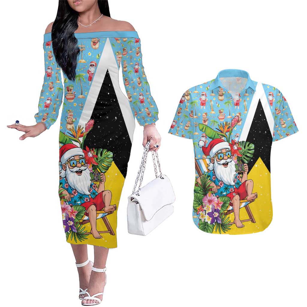 Saint Lucia Christmas Couples Matching Off The Shoulder Long Sleeve Dress and Hawaiian Shirt Tropical Santa Claus - Wonder Print Shop