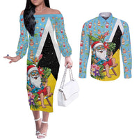 Saint Lucia Christmas Couples Matching Off The Shoulder Long Sleeve Dress and Long Sleeve Button Shirt Tropical Santa Claus - Wonder Print Shop