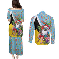 Saint Lucia Christmas Couples Matching Puletasi and Long Sleeve Button Shirt Tropical Santa Claus - Wonder Print Shop