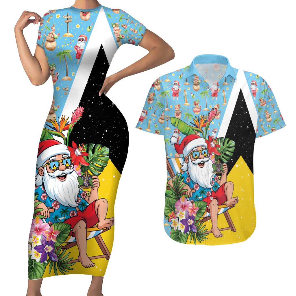 Saint Lucia Christmas Couples Matching Short Sleeve Bodycon Dress and Hawaiian Shirt Tropical Santa Claus - Wonder Print Shop