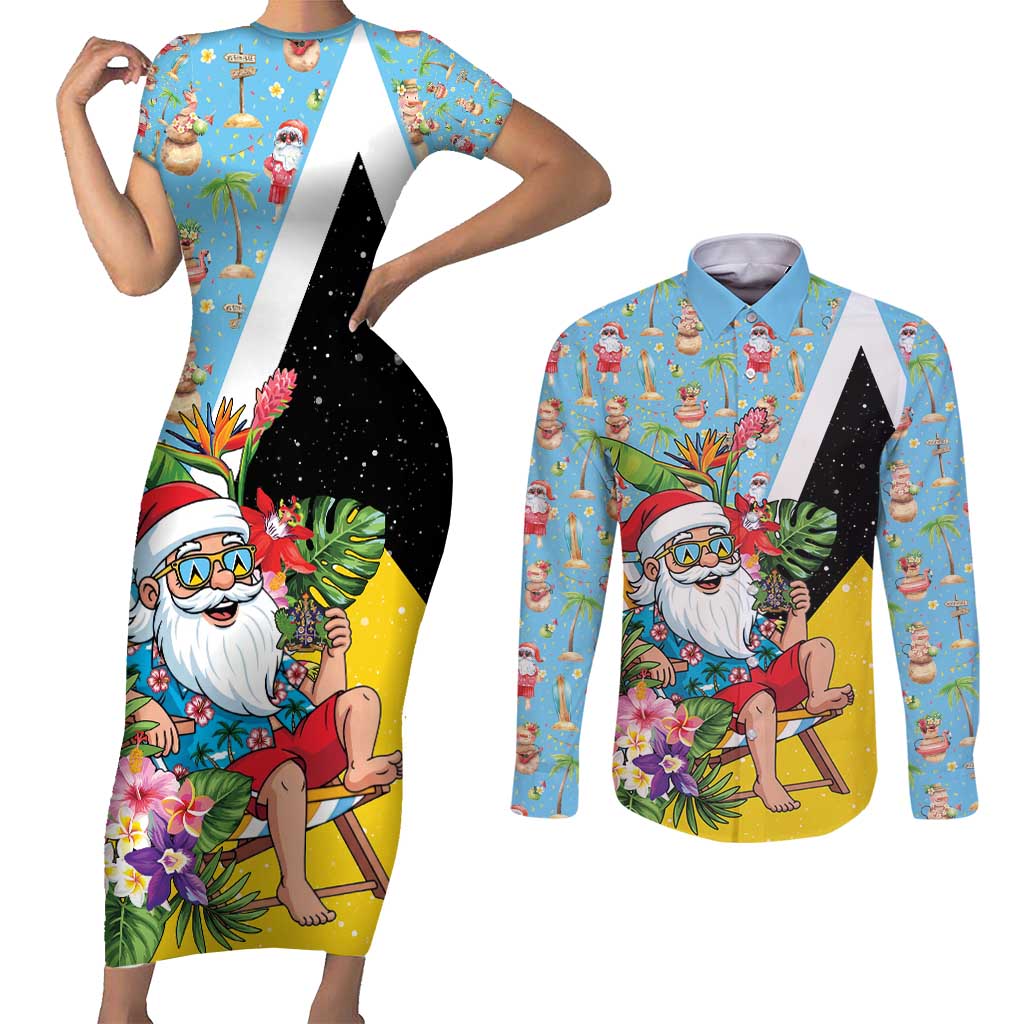 Saint Lucia Christmas Couples Matching Short Sleeve Bodycon Dress and Long Sleeve Button Shirt Tropical Santa Claus - Wonder Print Shop