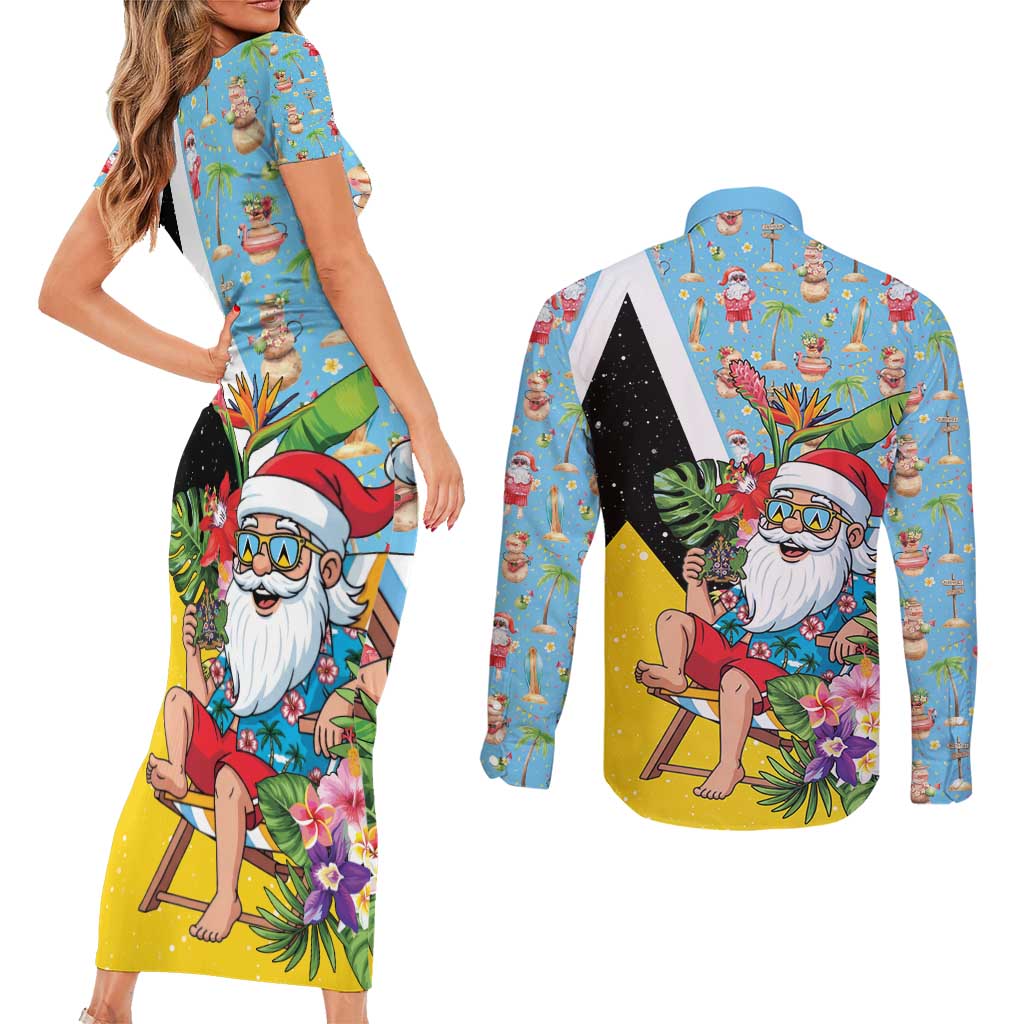 Saint Lucia Christmas Couples Matching Short Sleeve Bodycon Dress and Long Sleeve Button Shirt Tropical Santa Claus - Wonder Print Shop