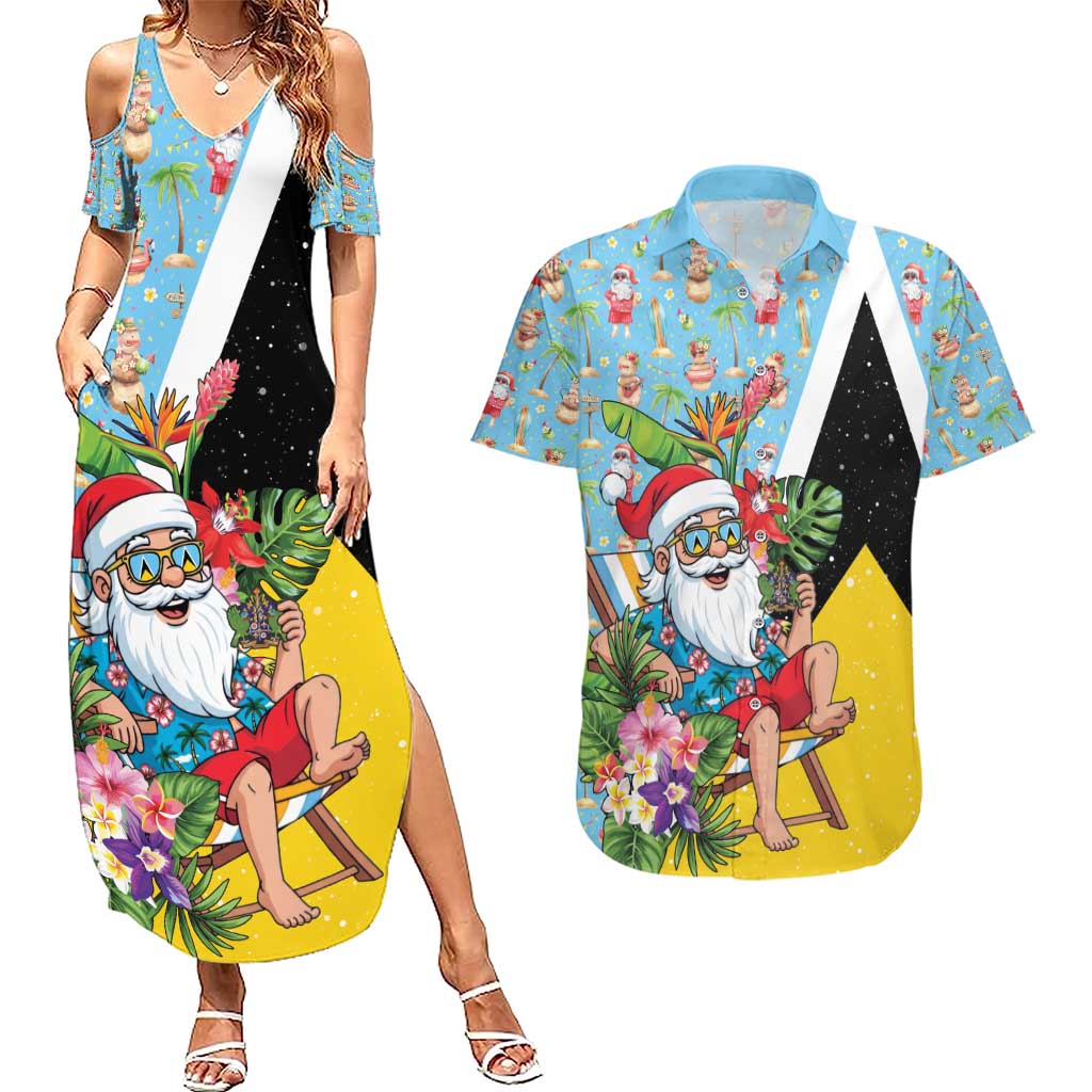 Saint Lucia Christmas Couples Matching Summer Maxi Dress and Hawaiian Shirt Tropical Santa Claus - Wonder Print Shop