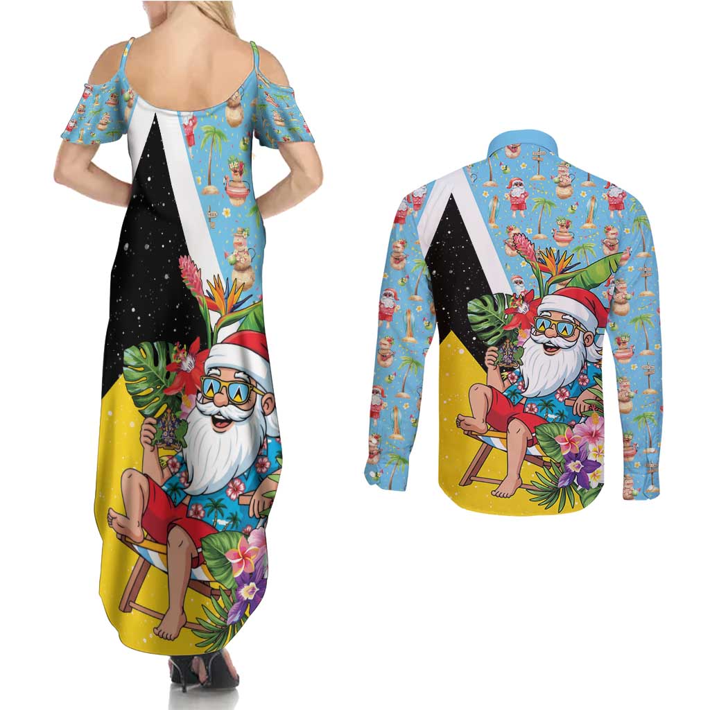 Saint Lucia Christmas Couples Matching Summer Maxi Dress and Long Sleeve Button Shirt Tropical Santa Claus - Wonder Print Shop