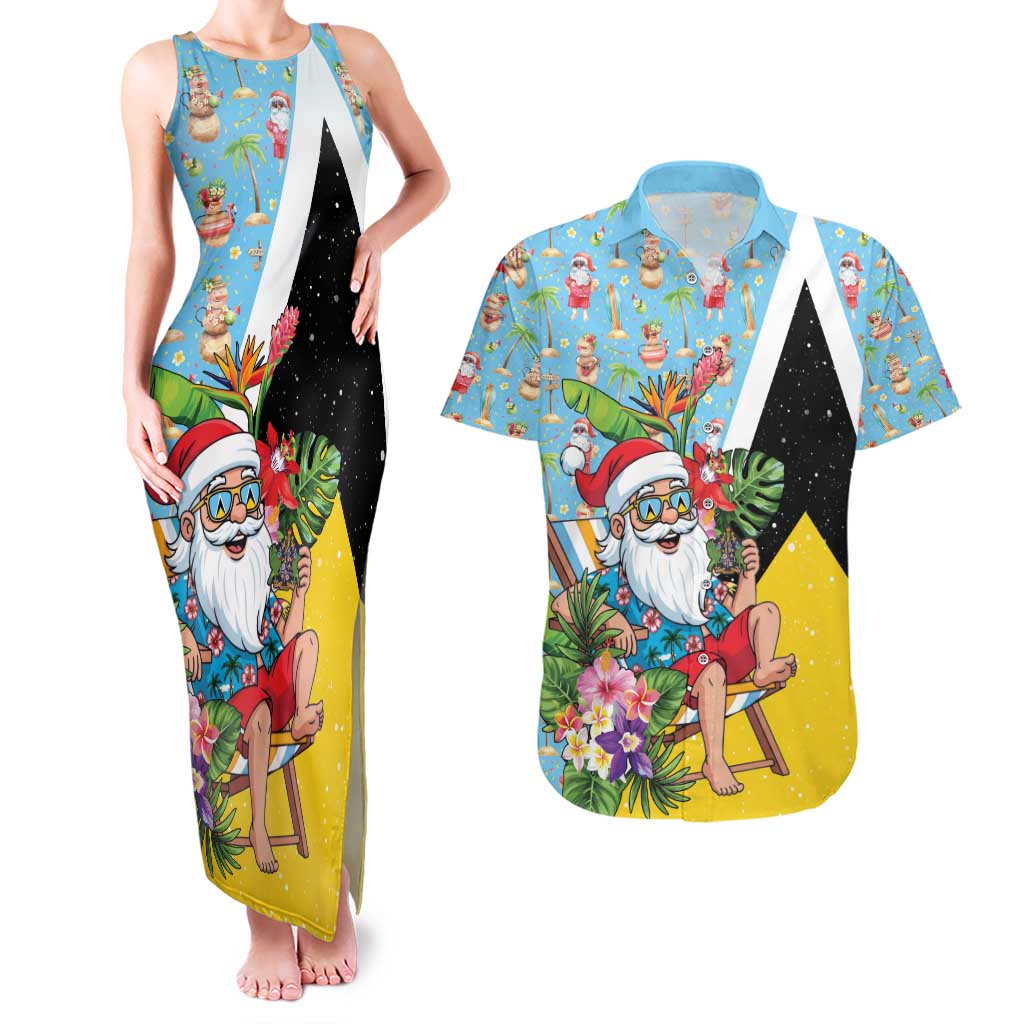 Saint Lucia Christmas Couples Matching Tank Maxi Dress and Hawaiian Shirt Tropical Santa Claus - Wonder Print Shop