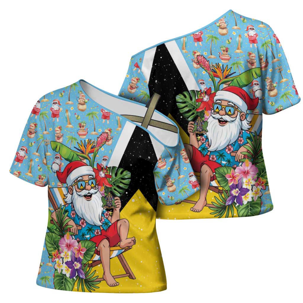 Saint Lucia Christmas Cross Shoulder Shirt Tropical Santa Claus - Wonder Print Shop
