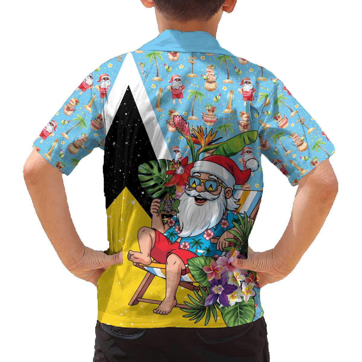 Saint Lucia Christmas Family Matching Off The Shoulder Long Sleeve Dress and Hawaiian Shirt Tropical Santa Claus - Wonder Print Shop