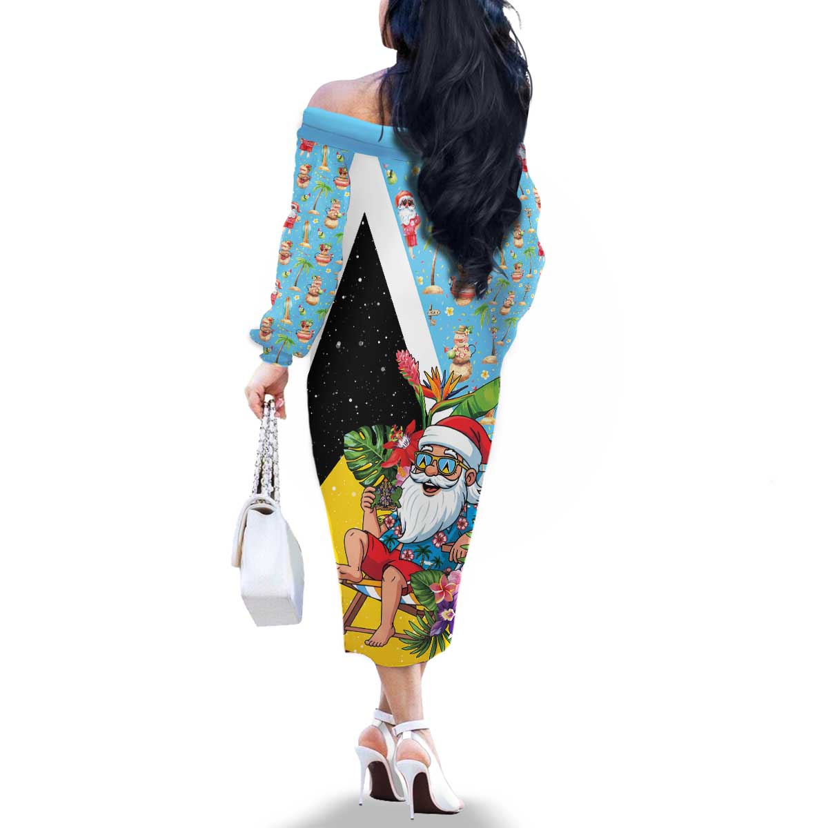 Saint Lucia Christmas Family Matching Off The Shoulder Long Sleeve Dress and Hawaiian Shirt Tropical Santa Claus - Wonder Print Shop