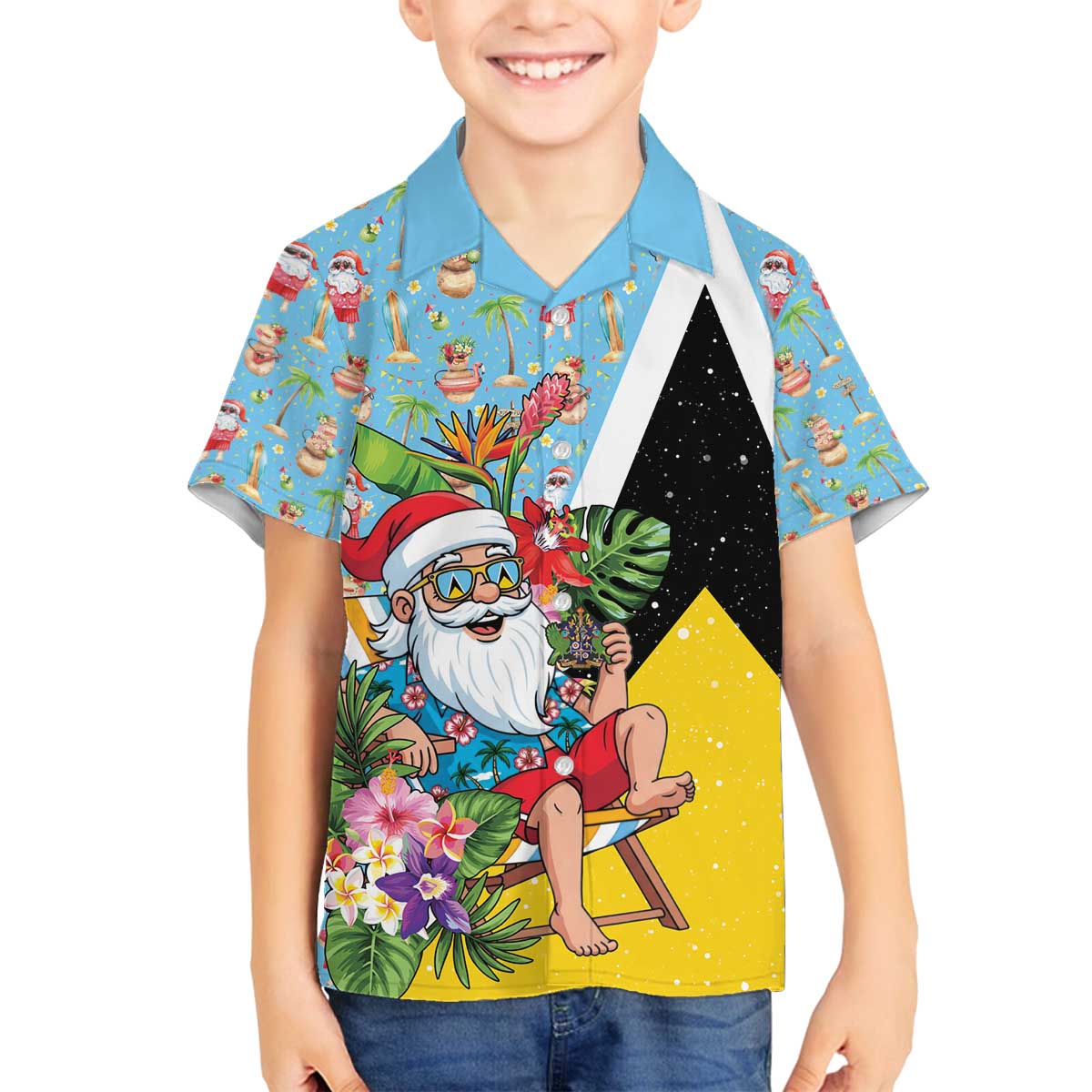 Saint Lucia Christmas Family Matching Off The Shoulder Long Sleeve Dress and Hawaiian Shirt Tropical Santa Claus - Wonder Print Shop