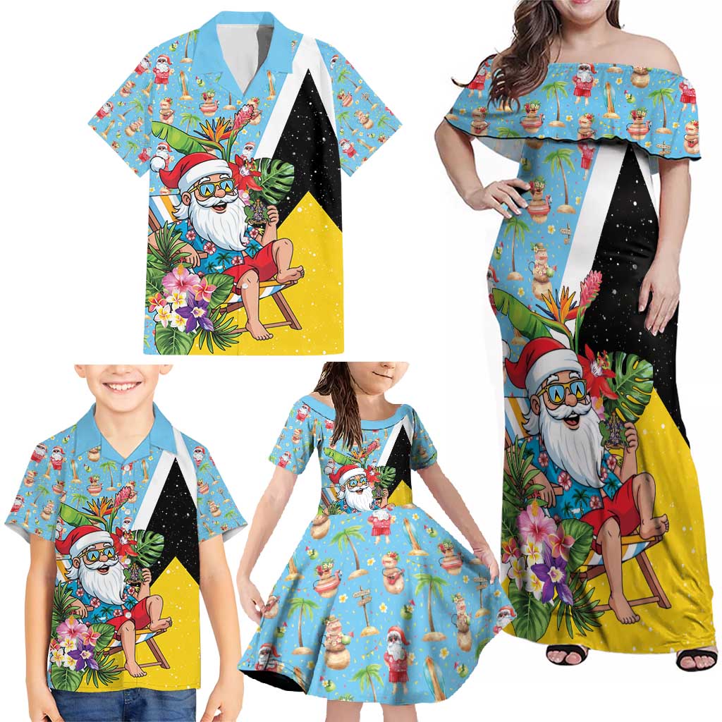 Saint Lucia Christmas Family Matching Off Shoulder Maxi Dress and Hawaiian Shirt Tropical Santa Claus - Wonder Print Shop