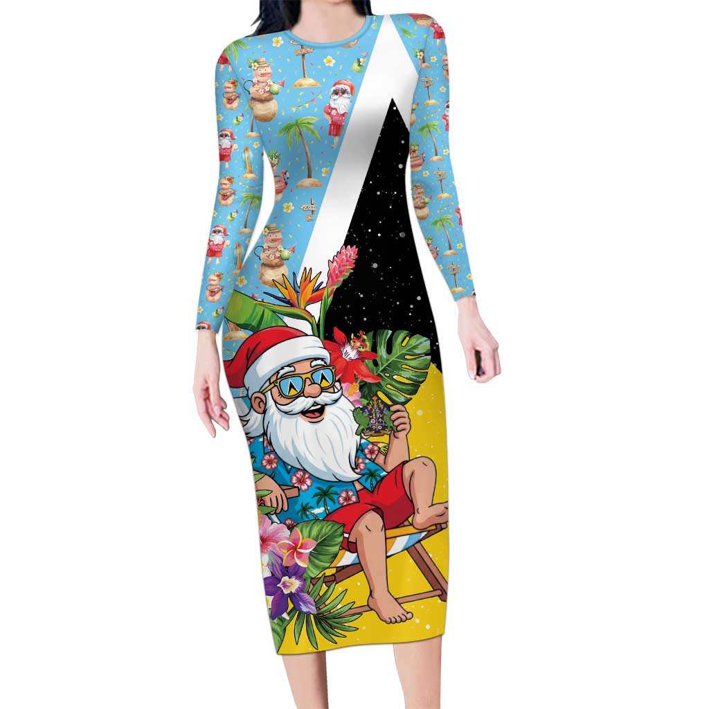 Saint Lucia Christmas Long Sleeve Bodycon Dress Tropical Santa Claus - Wonder Print Shop