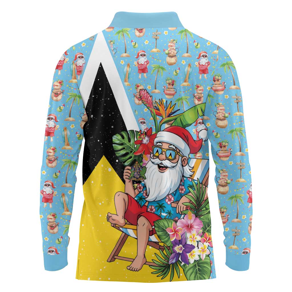 Saint Lucia Christmas Long Sleeve Polo Shirt Tropical Santa Claus - Wonder Print Shop
