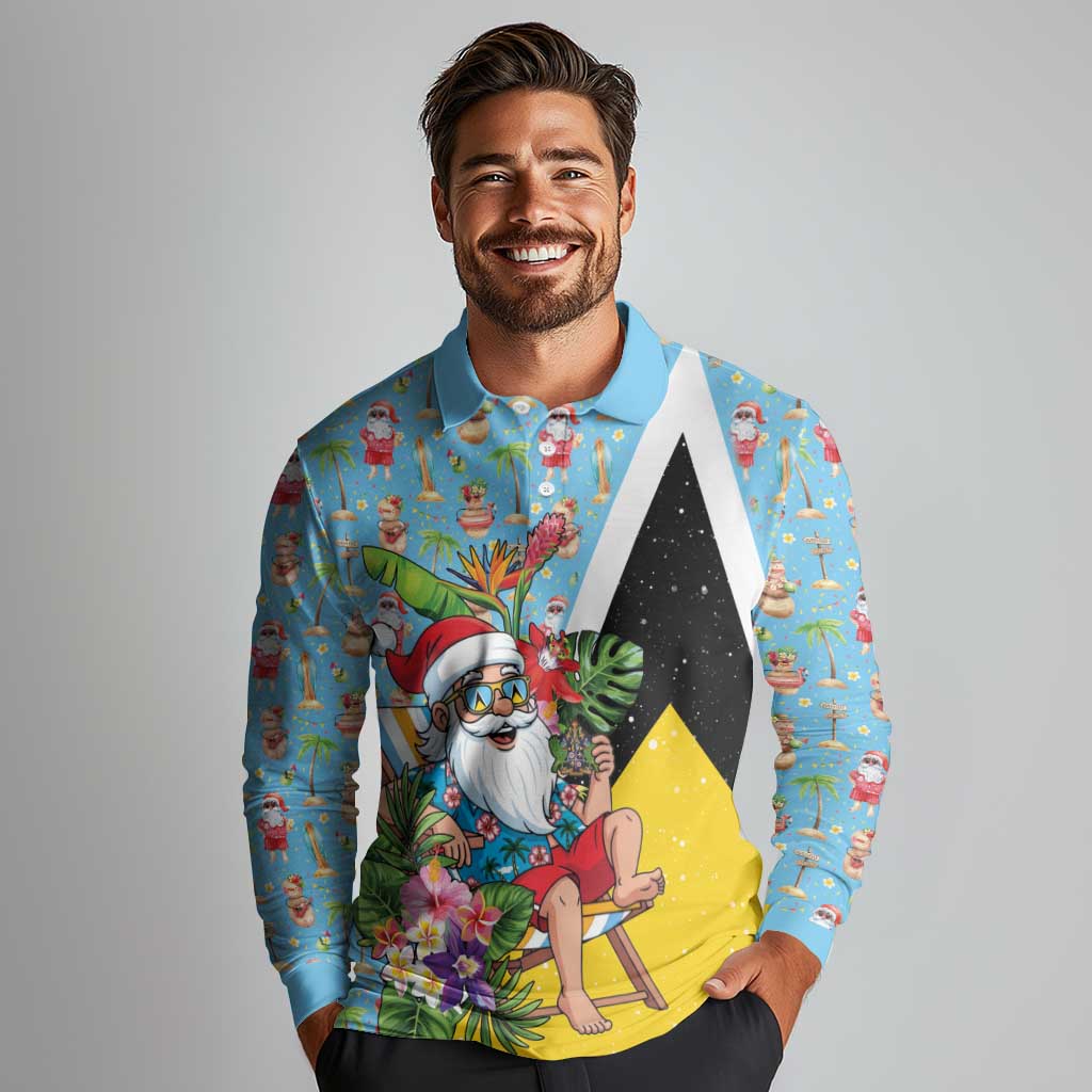 Saint Lucia Christmas Long Sleeve Polo Shirt Tropical Santa Claus - Wonder Print Shop