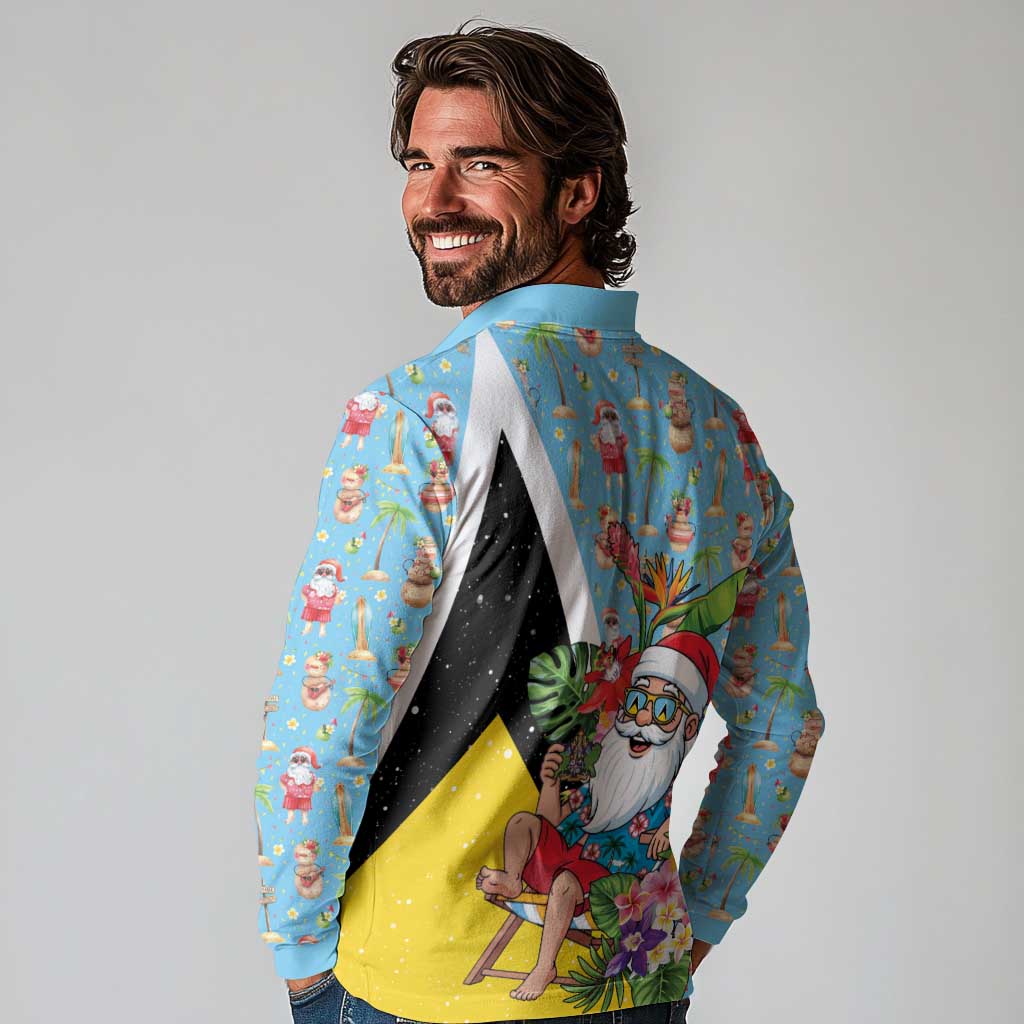 Saint Lucia Christmas Long Sleeve Polo Shirt Tropical Santa Claus - Wonder Print Shop