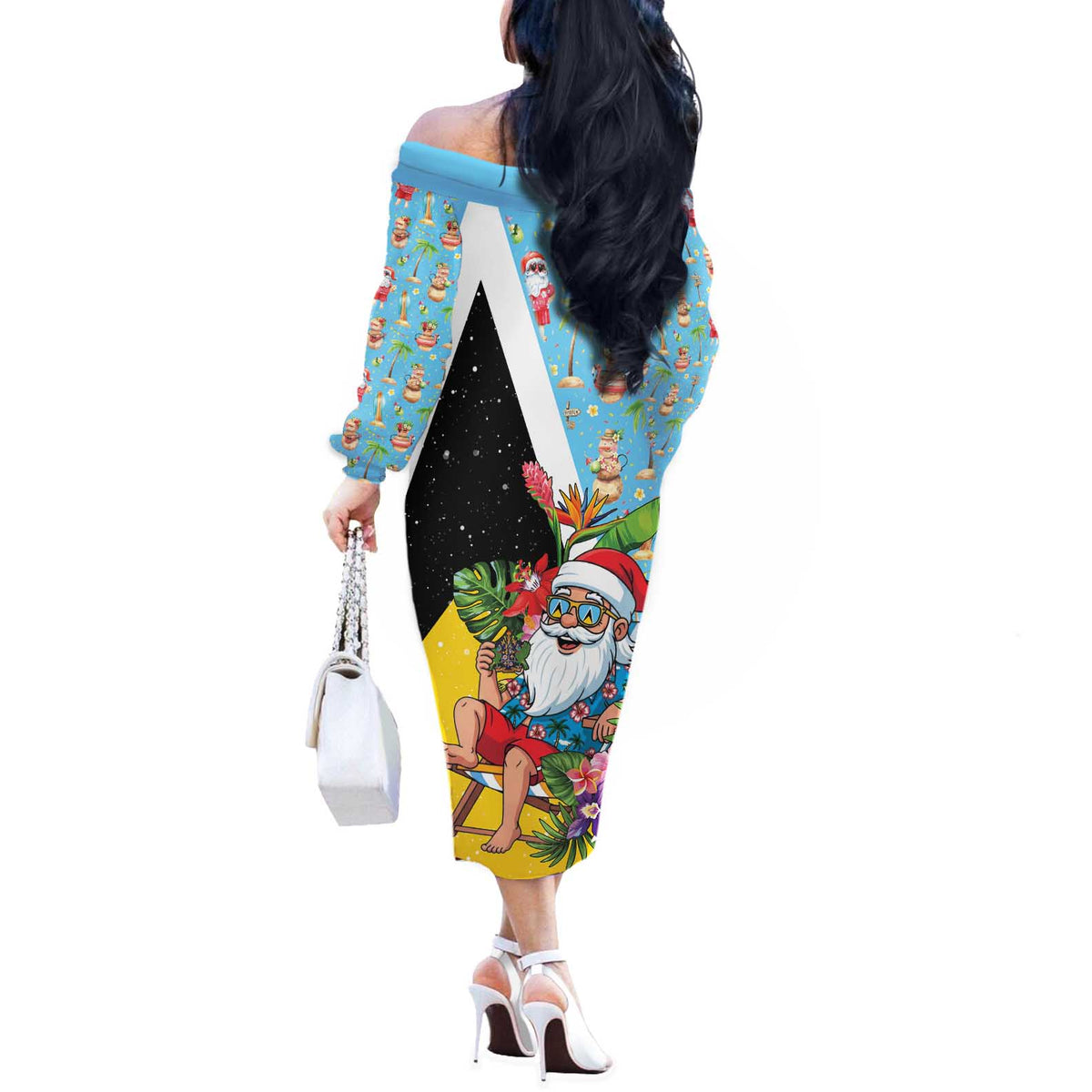 Saint Lucia Christmas Off The Shoulder Long Sleeve Dress Tropical Santa Claus - Wonder Print Shop