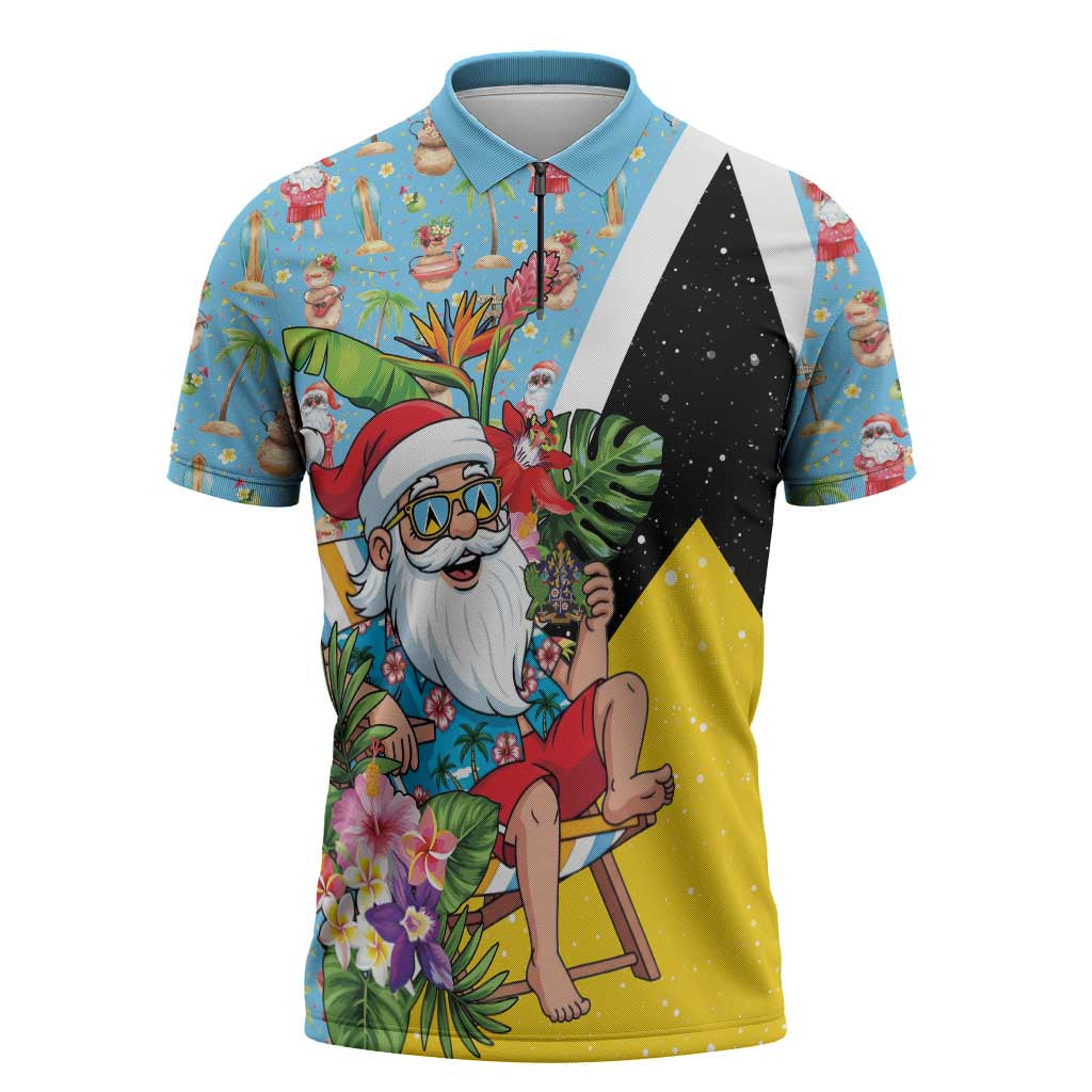 Saint Lucia Christmas Zipper Polo Shirt Tropical Santa Claus - Wonder Print Shop