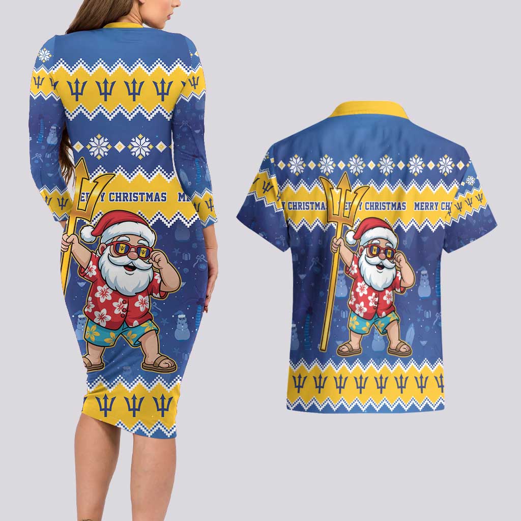 Barbados Christmas Couples Matching Long Sleeve Bodycon Dress and Hawaiian Shirt Trident Dabbing Santa - Wonder Print Shop