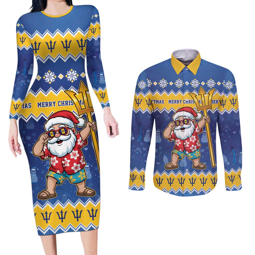 Barbados Christmas Couples Matching Long Sleeve Bodycon Dress and Long Sleeve Button Shirt Trident Dabbing Santa - Wonder Print Shop