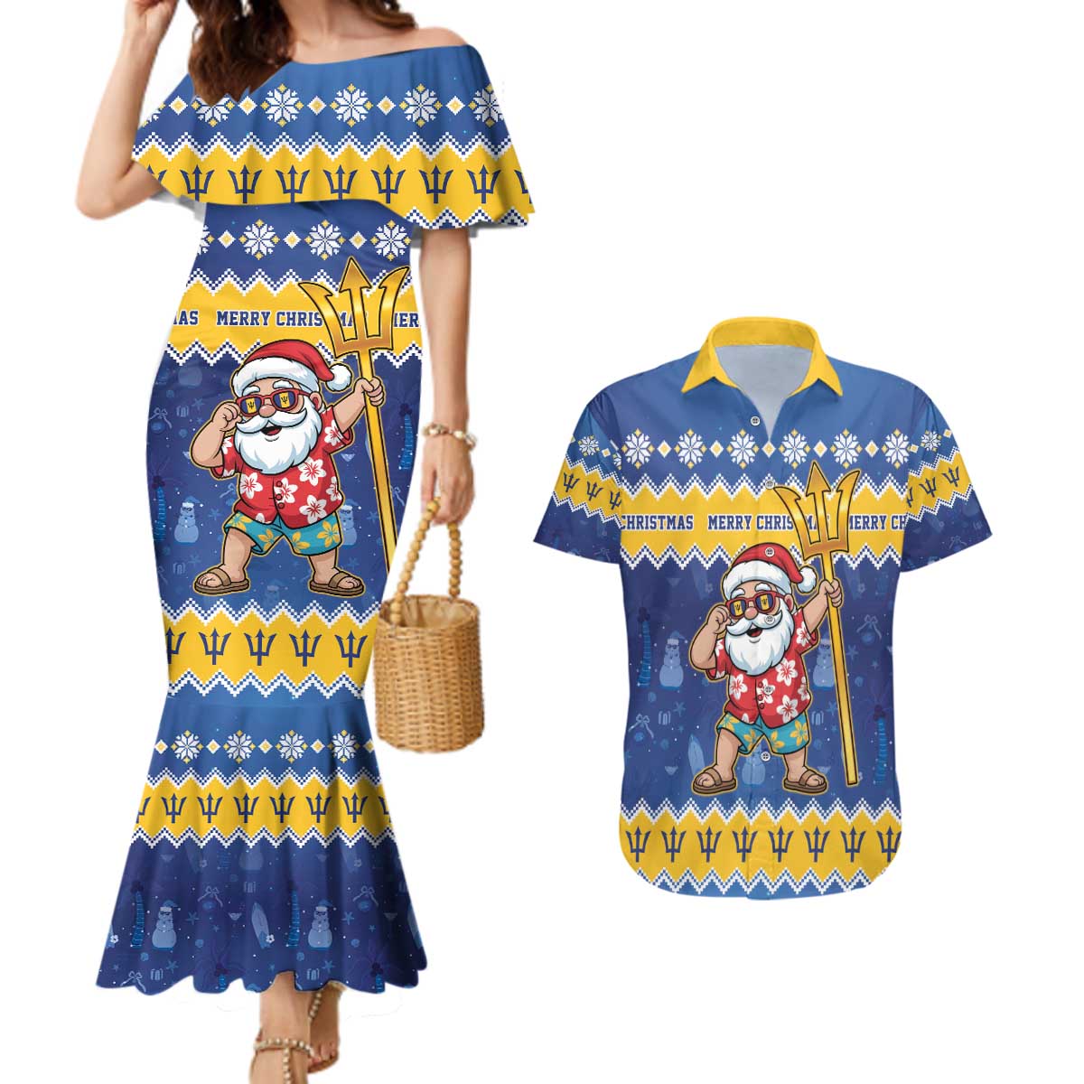 Barbados Christmas Couples Matching Mermaid Dress and Hawaiian Shirt Trident Dabbing Santa - Wonder Print Shop