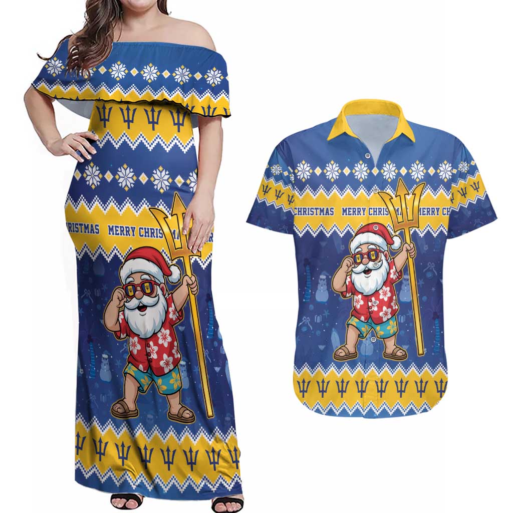 Barbados Christmas Couples Matching Off Shoulder Maxi Dress and Hawaiian Shirt Trident Dabbing Santa - Wonder Print Shop