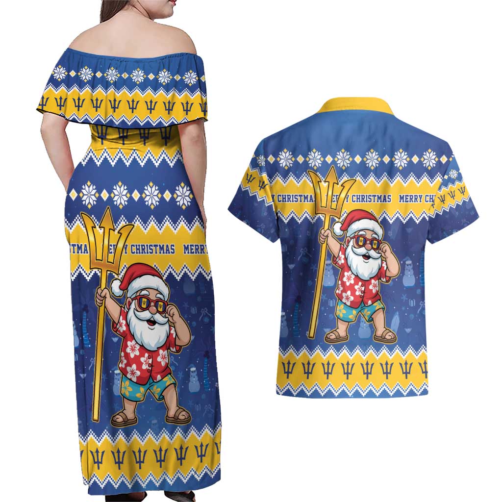 Barbados Christmas Couples Matching Off Shoulder Maxi Dress and Hawaiian Shirt Trident Dabbing Santa - Wonder Print Shop