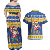 Barbados Christmas Couples Matching Off Shoulder Maxi Dress and Hawaiian Shirt Trident Dabbing Santa - Wonder Print Shop