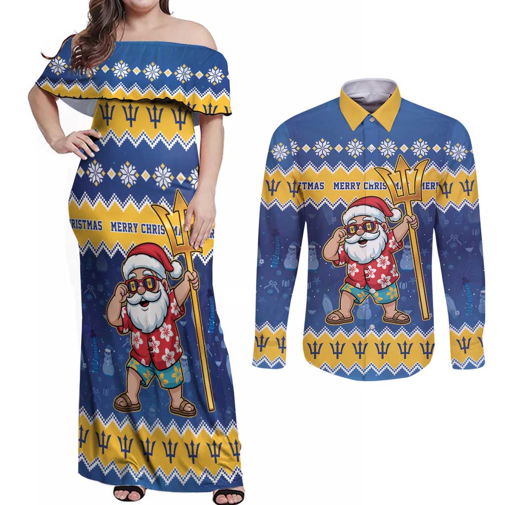 Barbados Christmas Couples Matching Off Shoulder Maxi Dress and Long Sleeve Button Shirt Trident Dabbing Santa - Wonder Print Shop