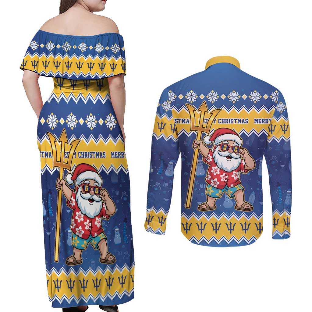Barbados Christmas Couples Matching Off Shoulder Maxi Dress and Long Sleeve Button Shirt Trident Dabbing Santa - Wonder Print Shop