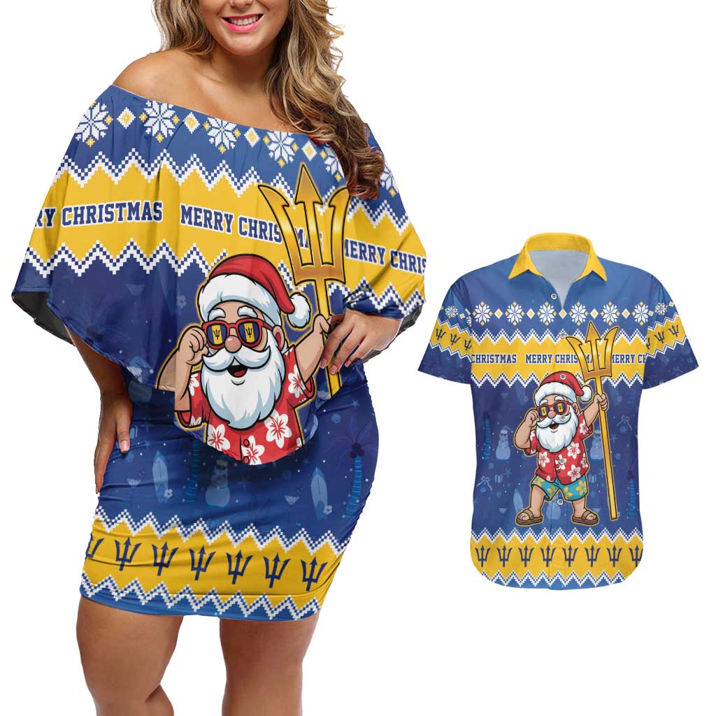Barbados Christmas Couples Matching Off Shoulder Short Dress and Hawaiian Shirt Trident Dabbing Santa - Wonder Print Shop