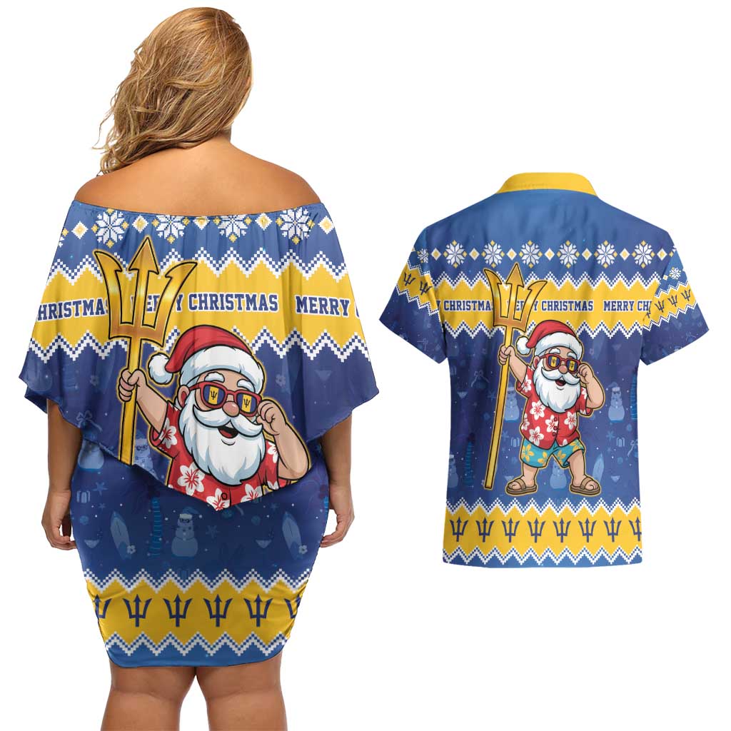 Barbados Christmas Couples Matching Off Shoulder Short Dress and Hawaiian Shirt Trident Dabbing Santa - Wonder Print Shop